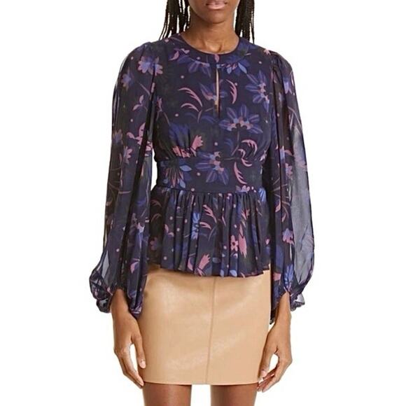Ted Baker Stephanie Purple Floral Balloon Sleeve Blouse Preppy Womens 1 US 4 Sm - Picture 1 of 8
